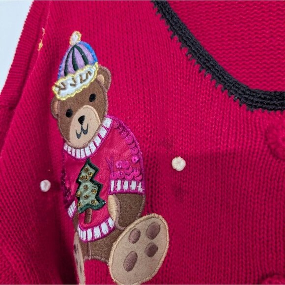 Nutcracker Teddy Bear Cardigan Womens Size Medium Red Embellished Ugly Christmas - Picture 3 of 12